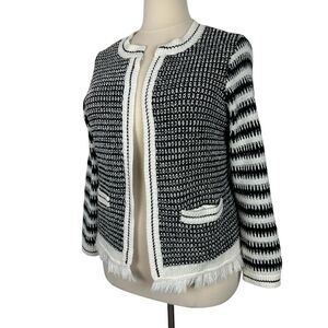 Talbots Sweater Women 1X Plus Black White Woven Knit Fringe Open Front Cardigan